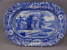 BLUE AND WHITE TURKEY PLATTER-Riverside palladian scene with numerous turbanned figures in a boat