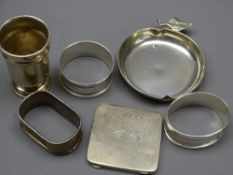 SILVER ITEMS, AN ASSORTMENT to include Apple shaped pin tray, Monogrammed napkin rings , shallow box