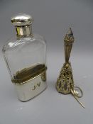 HIP FLASK, SILVER AND GLASS with silver screw top, London 1911 and a white metal decorative posy
