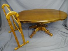 OVAL MODERN COFFEE TABLE on centre pedestal and four scrolled supports. Also a pine towel airier