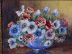 MARION BROOM, WATERCOLOUR study of pansies in a blue bowl, signed 35x44 cms