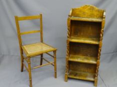 POLISHED 3-SHELF OPEN BOOKCASE with barley twist side supports, 40cms wide and a cane seated bedroom