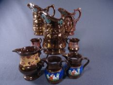 COPPER LUSTRE - graduated set of 3 jugs, 2 pairs of other smaller jugs and one other.