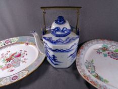 LARGE REPRODUCTION ORIENTAL BLUE AND WHITE brass handled kettle and 2 large Copeland oval turkey