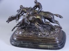CAST BRONZE STATUE OF TWO RACE HORSES on a deep stepped marble plinth E.Loiseau stamped to the