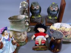 PARCEL OF MAINLY POTTERY-Beswick Toby jug, majolica style metal lidded water jug, 2 wall plates,