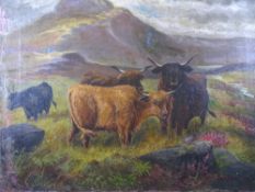 ......SCAIFE-INDISTINCTLY SIGNED oil on canvas landscape with highland cattle, 42x55