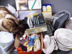 HOUSEHOLD AND COLLECTABLES-Liddell table Linen, soft toy, dolls, crockery, super 8 projector and