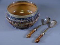 DOULTON LAMBETH- large floral and leaf decorated circular salad bowl with plated rim, 26 cms diam