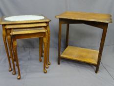 COFFEE TABLES, GLASS TOPPED, a nest of 3 and a polished, 2-tier occasional table