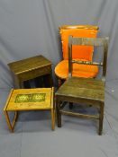 A PARCEL-A FARMHOUSE CHAIR, a polished 3-section record chest, a small tiled top table and an