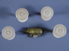 4 EARLY VICTORIAN IVORY WORKBOX SPOOLS and novelty brass pig tape measure
