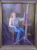 MYFANWY JOHNS, OIL ON CANVAS, young lady artist seated at her easel, signed and dated 1982 verso,