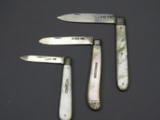 SILVER AND MOTHER OF PEARL fruit knives (3) 1824, 1896 and 1915