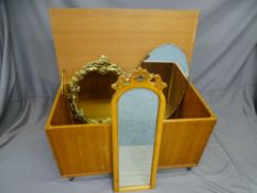 MODERN TEAK EFFECT BLANKET CHEST with sundry mirrors.