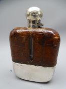 HIP FLASK, CROCODILE LEATHER AND SILVER (50/50) with silver hinged ball lid, Sheffield 1901