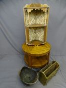 A PARCEL-A CIRCULAR WALNUT, 2 TIER COFFEE TABLE, an open pine hanging corner cupboard, a copper