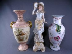 2 LARGE POTTERY VASES and a large continental China figurine of a girl with tambourine (a/f)
