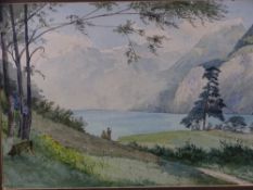 R KAILLEUX, INDISTINCTLY SIGNED WATERCOLOUR French lake scene with 2 figures, dated 1906, 30x44 cms