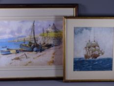 AFTER WARREN WILLIAMS, COLOURED PRINT- Anglesey coastal scene with boats and figures, 27x40cms and a