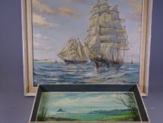 J BISHOP OIL ON CANVAS a four masted ship 55 x 63cms and another of Cornwall