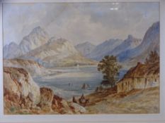 LATE19TH/EARLY20TH CENTURY SCHOOL- watercolour, lake and landscape scene with cottages and
