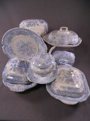 4 STAFFS BLUE AND WHITE lidded tureens, 2 with base dishes and 2 spare lids similar patterns