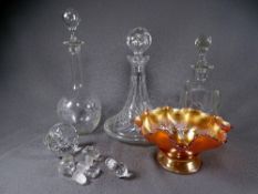 PARCEL OF MIXED GLASSWARE incl fluted carnival dish and 3 decanters.
