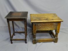 RUSTIC STOOL WITH HINGED TOP and sunburst carved pattern and a square topped occasional table on