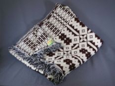 WELSH BLANKET traditional pattern, brown and white and with black and white tassles and Bryncir