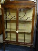EDWARDIAN CHINA CABINET-mahogany and inlaid, 2-door with neat shaped panes, on square tapered
