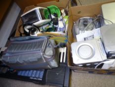 BOX OF MIXED CHINA, a box of radios/hi-fi items and a Yamaha keyboard etc