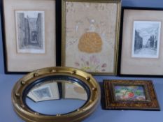 W.JONES- PAIR OF SMALL ETCHINGS CARMARTHEN SCENES, a small oil study of fruit, a small silk work