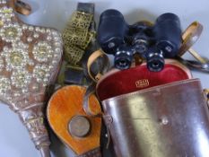 A PAIR OF SMALL WIG POWDER BELLOWS, fire bellows , a Victorian ornate brass and leather belt and a