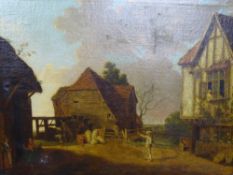 19TH CENTURY CONTINENTAL SCHOOL, oil on canvas-busy farmyard scene with numerous figures, 64x86cms