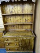 RUSTIC STAINED PINE KITCHEN DRESSER with two shelf rack and three drawers beside cupboard door