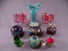 GLASSWARE. 2 MDINA BOWLS, a Mdina paperweight and 3 others incl Wedgwood and a large blue art