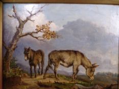 LATE 19TH CENTURY SCHOOL-oil on canvas-landscape with 2 donkeys by a tree, unsigned, 23x29cms