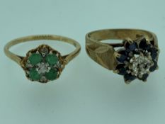 9 CARAT GOLD DRESS RINGS (2) One with sapphires and diamonds the other emeralds and diamonds 5.2g