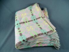 WELSH BLANKET traditional pattern multi coloured on pink ground with tassles