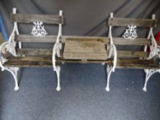ANTIQUE GARDEN SEATING. A wood and metal garden tete a tete twin chair set with attractive fruit and