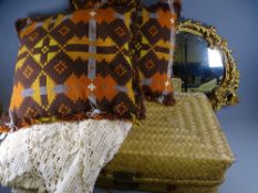 HOME FURNISHINGS-Welsh tapestry cushions, a crocheted bedspread, woven basket and a gilt frame