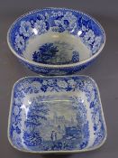 BLUE AND WHITE SQUARE BOWL 'BYLAND ABBEY YORKSHIRE 21cm square and a circular bowl-floral border
