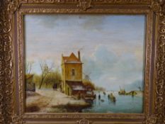 C LIECKART OIL ON BOARD-Dutch(?) canal scene with figures on a frozen canal and nearby church and