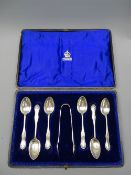 SILVER TEA SPOONS, a cased set of 6 with tongs all with decorative beadwork handles, 5 ounces