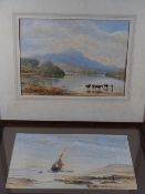 I.T. initialled, 1860 - WATERCOLOURS, A PAIR -coastal scene with beached boat and figures and landsc