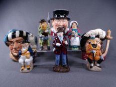 TOBY JUGS. 2 LARGE DOULTON - Porthos and the Falconer, a Staffs Yeoman and 5 Wood and Sons Dickens