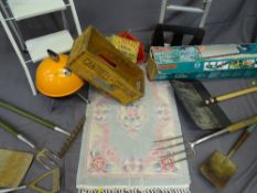 BOSCH HEDGE CUTTER, 17 INCH, BOXED, a parcel of garden tools, a small rug, folding steps, a light