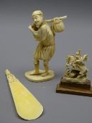 ANTIQUE IVORY FIGURES , a fisherman carrying a basket of fish, George and the dragon on a wooden