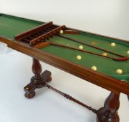 VICTORIAN MAHOGANY BAGATELLE TABLE having a folding top opening to reveal a baize-lined playing